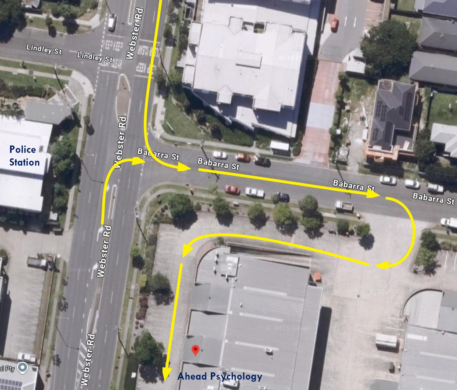 Map showing directions to Ahead Psychology via Babarra Street